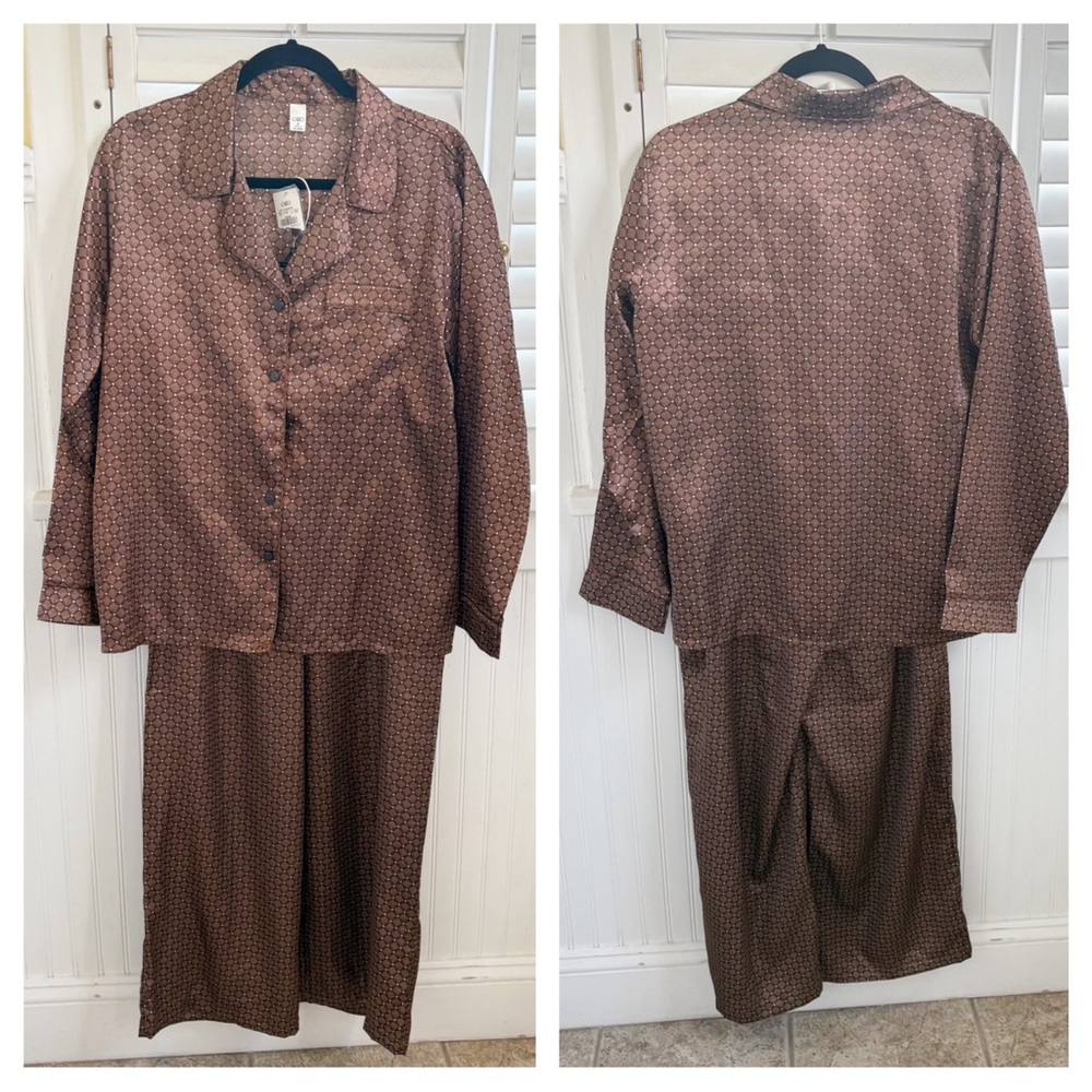 Cato Brown & Blue Geometric Print Satin Notch Collar Pajama Set Size Medium NEW